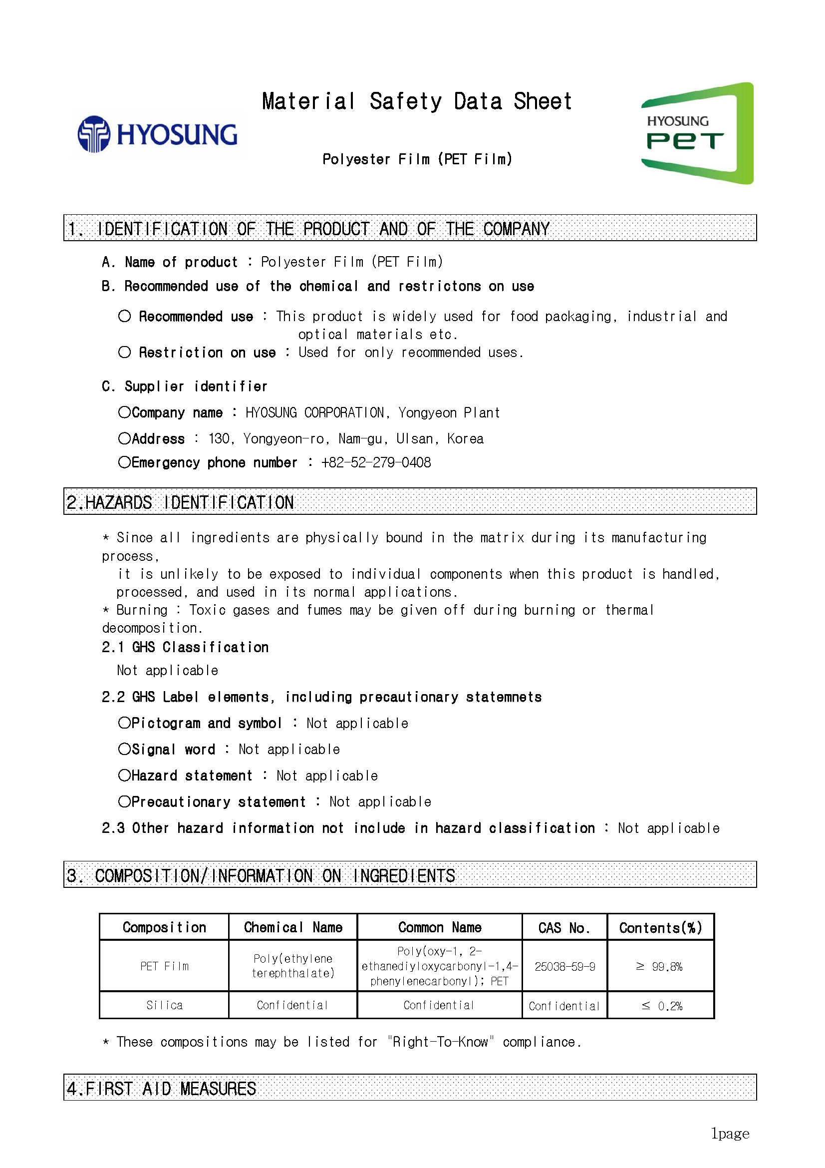 PET MSDS